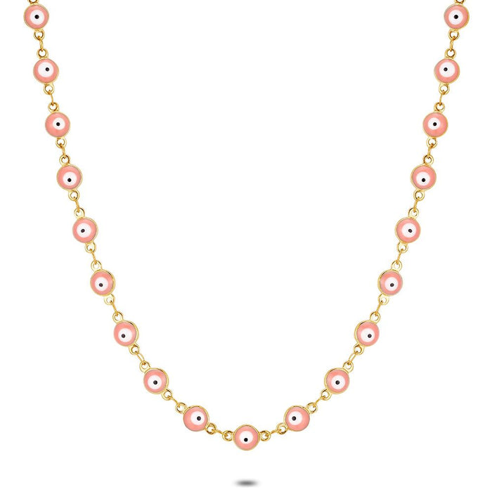 Gold Coloured Stainless Steel Necklace, Pink Eyes
