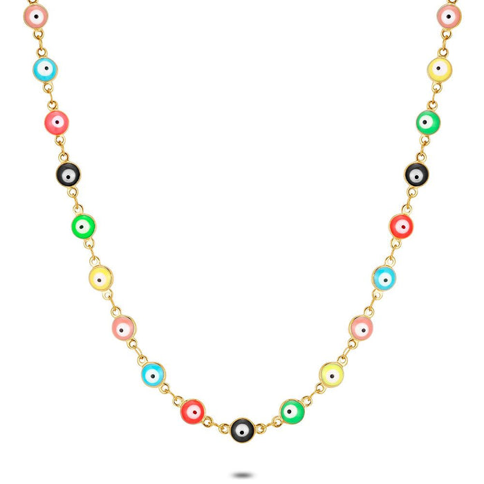 Gold Coloured Stainless Steel Necklace, Multi-Coloured Eyes