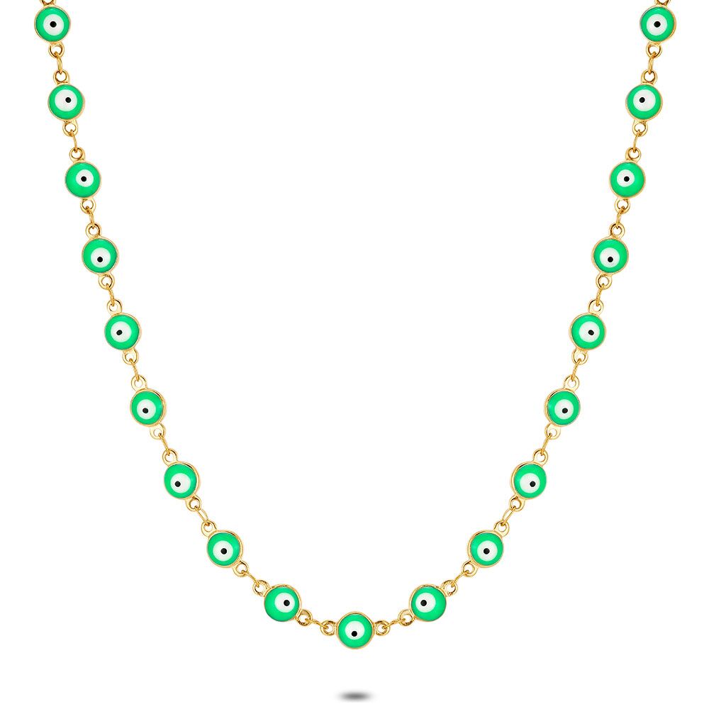 Gold Coloured Stainless Steel Necklace, Green Eyes
