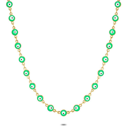 Gold Coloured Stainless Steel Necklace, Green Eyes