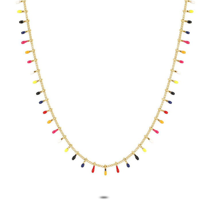 Gold Coloured Stainless Steel Necklace, Multi-Coloured Enamel