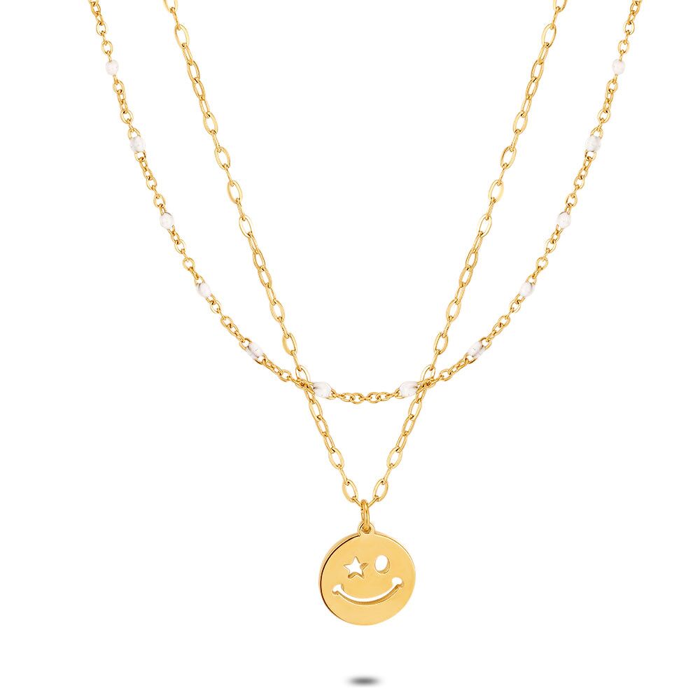 Gold Coloured Stainless Steel Necklace, Smiley, White Enamel Dots