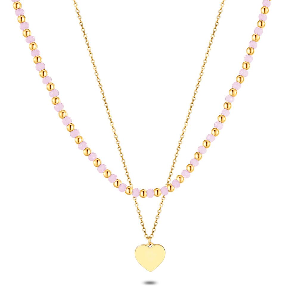 Gold Coloured Stainless Steel Necklace, Double Chain, Heart, Pink Crystals