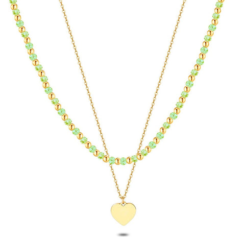 Gold Coloured Stainless Steel Necklace, Double Chain, Green Crystals, Heart Pendant