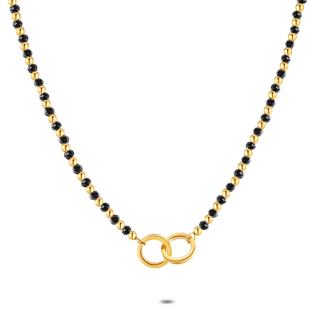 Gold Coloured Stainless Steel Necklace, 2 Interlaced Circles, Black Crystal Dots