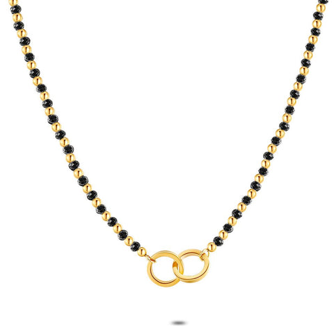 Gold Coloured Stainless Steel Necklace, 2 Interlaced Circles, Black Crystal Dots