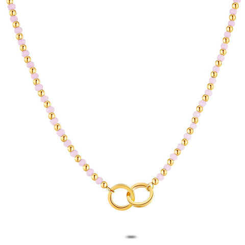 Gold Coloured Stainless Steel Necklace, 2 Interlaced Circles, Pink Crystals