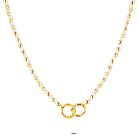 Gold Coloured Stainless Steel Necklace, 2 Interlaced Circles, White Crystal Dots