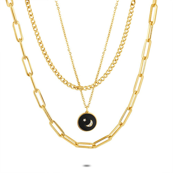 Gold Coloured Stainless Steel Necklace, 3 Necklaces, Round Pendant, Black