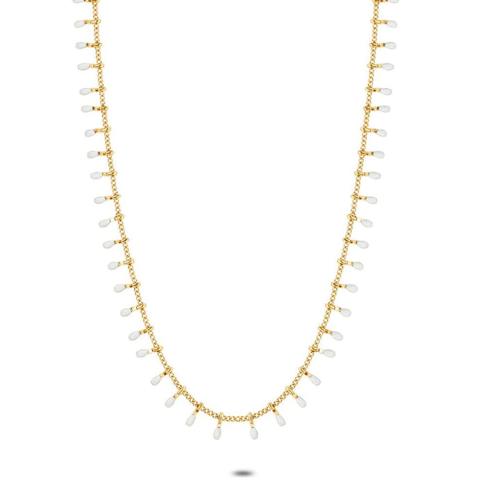 Gold Coloured Stainless Steel Necklace, Small White Droplets