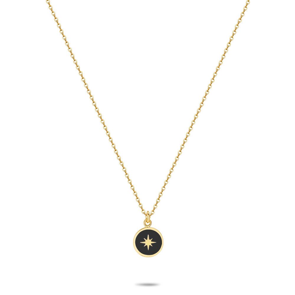Gold Coloured Stainless Steel Necklace, Round With Star, Black