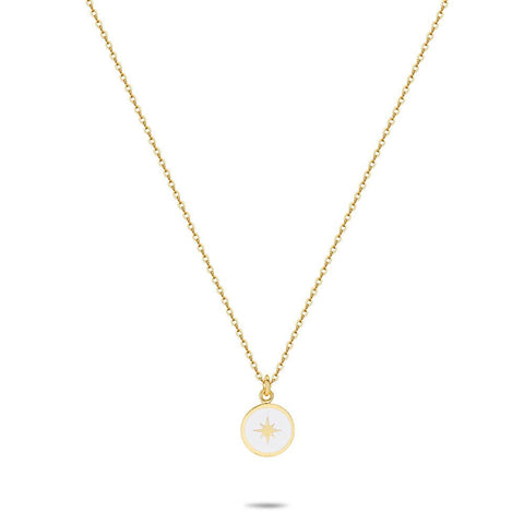 Gold Coloured Stainless Steel Necklace, Round Pendant In White Enamel With Star