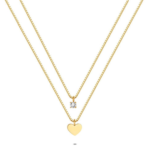 Gold Coloured Stainless Steel Necklace, Double Chain, Heart And Crystal