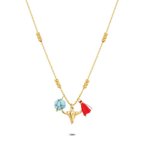 Gold Coloured Stainless Steel Necklace, Red Floche,Turquoise Stone, Bull Head