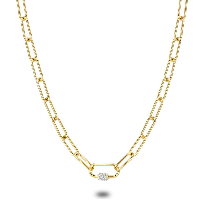 Gold Coloured Stainless Steel Necklace, Oval Links, 1 Oval Link With Wite Crystals