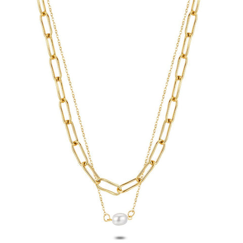 Gold Coloured Stainless Steel Necklace, Double Chain, Oval Links, Chain With Pearl