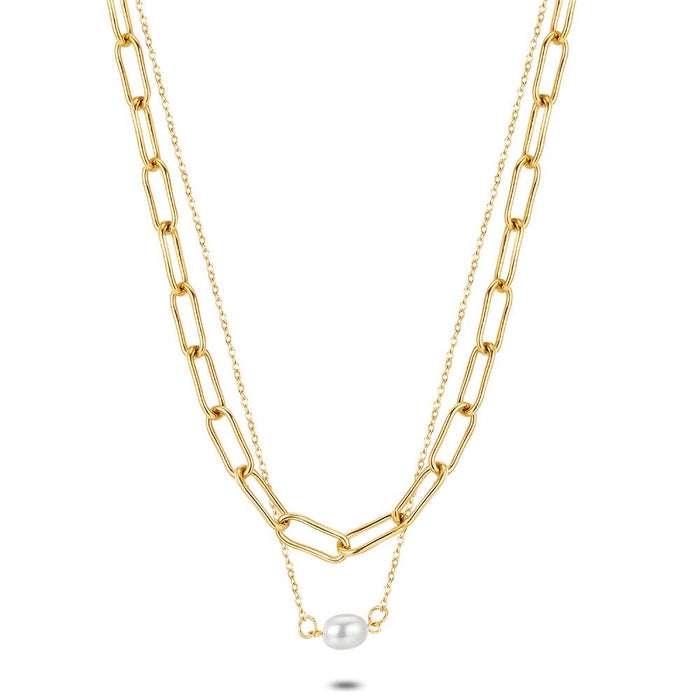 Gold Coloured Stainless Steel Necklace, Double Chain, Oval Links, Chain With Pearl
