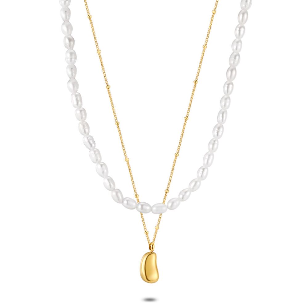 Gold Coloured Stainless Steel Necklace, Double Chain, Freshwater Pearls, 1 Chain With Pendant