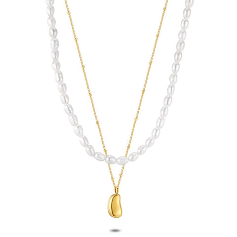Gold Coloured Stainless Steel Necklace, Double Chain, Freshwater Pearls, 1 Chain With Pendant