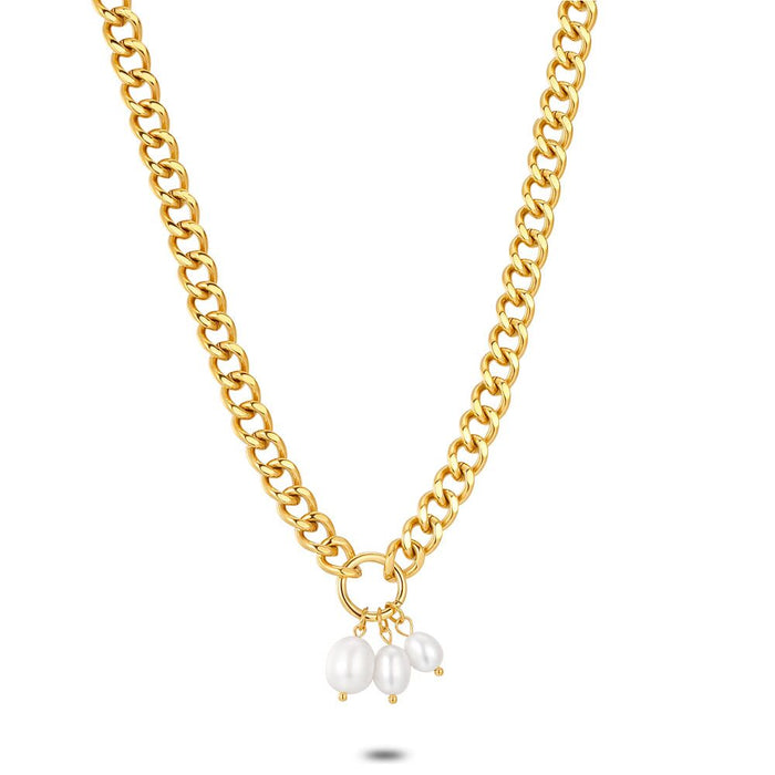 Gold Coloured Stainless Steel Necklace, Gourmet, 3 Freshwater Pearls Of Different Sizes