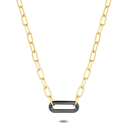 Gold-Coloured Stainless Steel Necklace, Oval  Links, 1 Black Oval Link