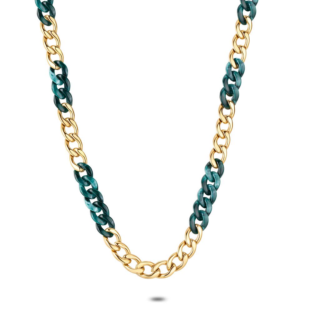 Gold Coloured Stainless Steel Necklace, Gourmet, Green And Gold-Coloured Resin Links