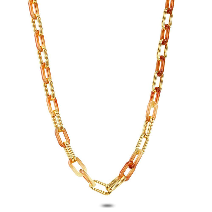 Gold Coloured Stainless Steel Necklace, Oval Links, Brown Resin