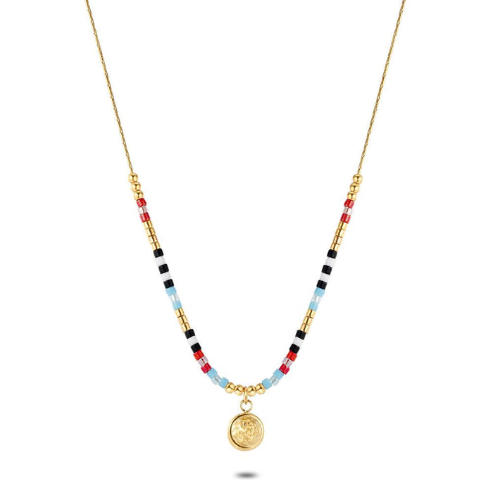 Gold Coloured Stainless Steel Necklace, Round Pendant, Multicoloured Beads
