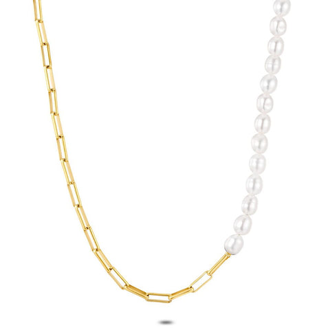 Gold Coloured Stainless Steel Necklace, Oval Link Chain, 20 Freshwater Pearls