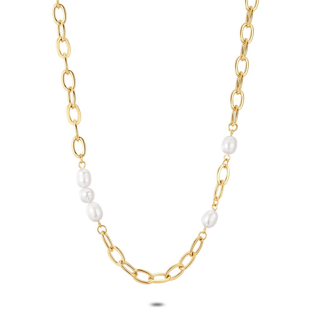 Gold Coloured Stainless Steel Necklace, Oval Links, 5 Pearls