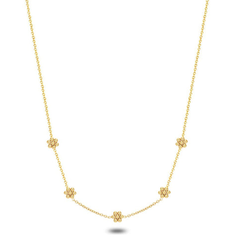Gold Coloured Stainless Steel Necklace, Flowers, Dots