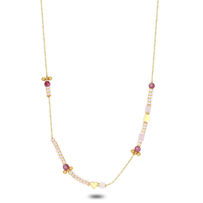 Gold Coloured Stainless Steel Necklace, 2 Hearts, Fimo Beads, Purlple, White