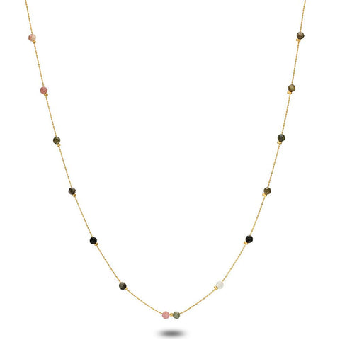 Gold Coloured Stainless Steel Necklace, Multi Coloured Stones