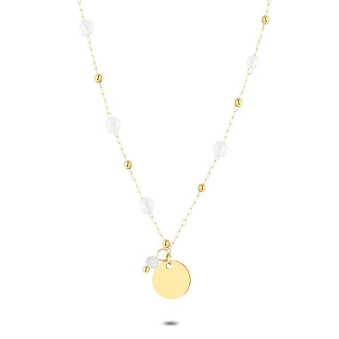 Gold Coloured Stainless Steel Necklace, Round Pendant, Tiny White Dots
