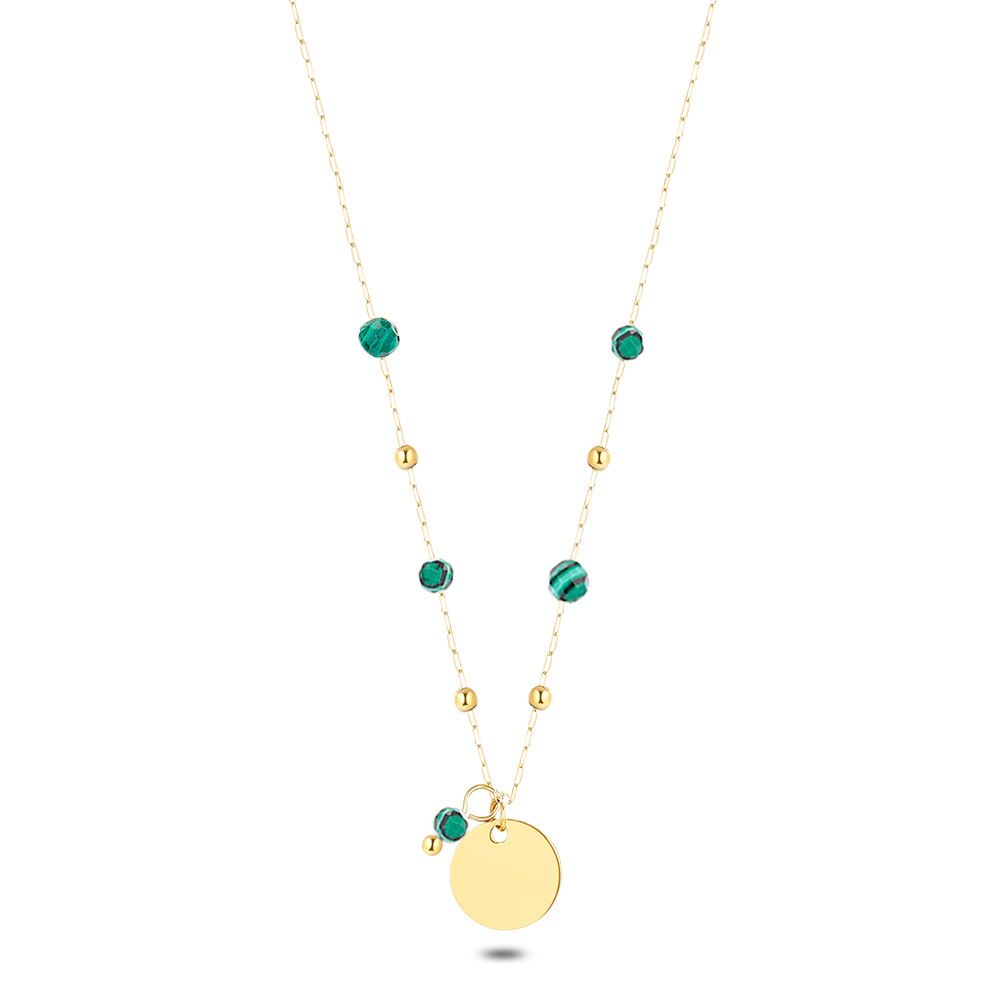 Gold Coloured Stainless Steel Necklace, Round, Green Stones