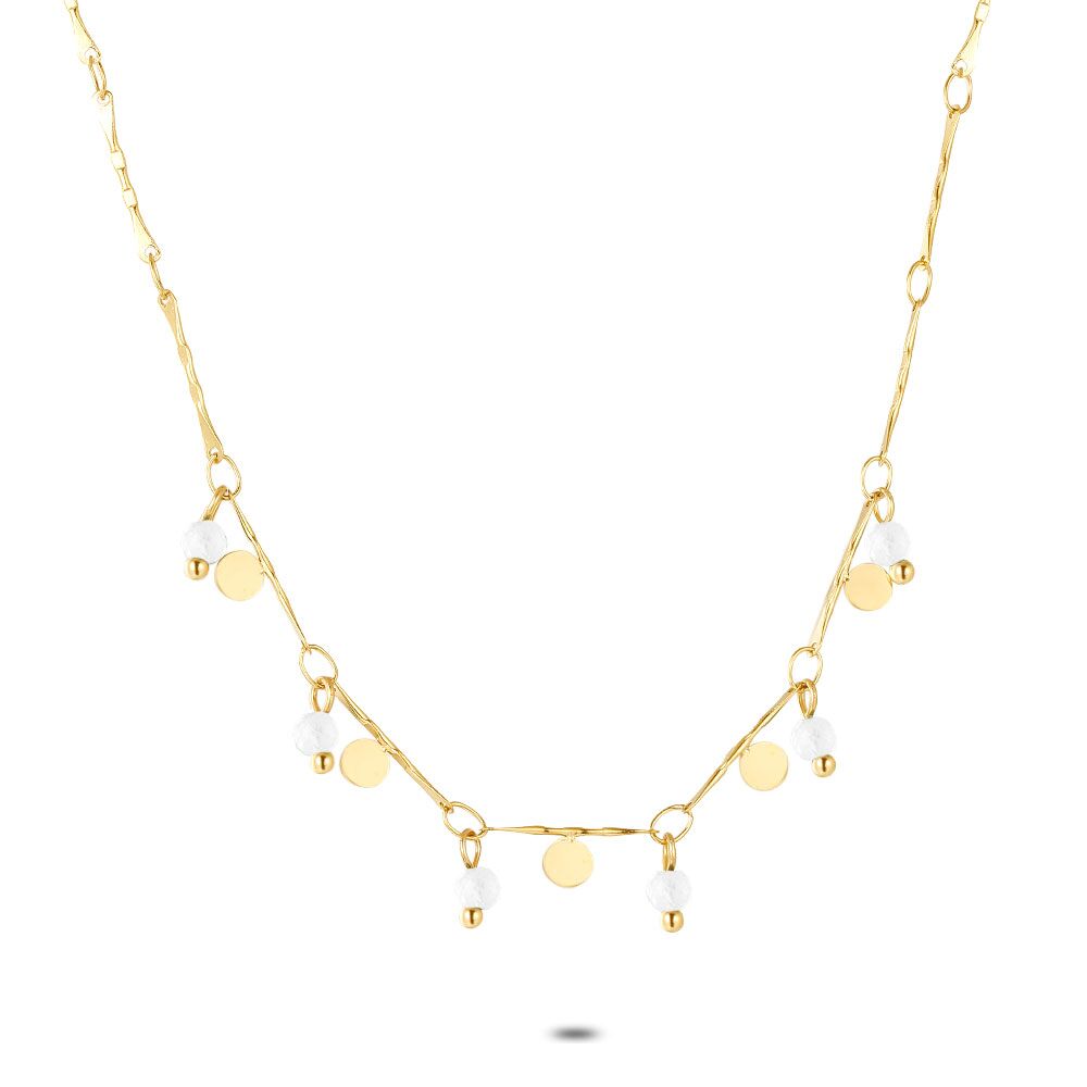 Gold Coloured Stainless Steel Necklace, Little Rounds, White Stones