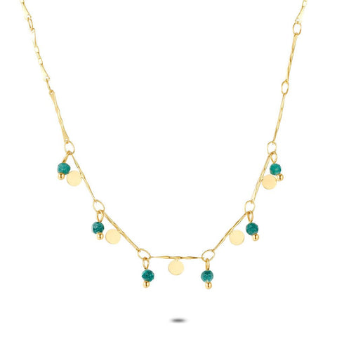 Gold Coloured Stainless Steel Necklace, Little Rounds, Green Stones