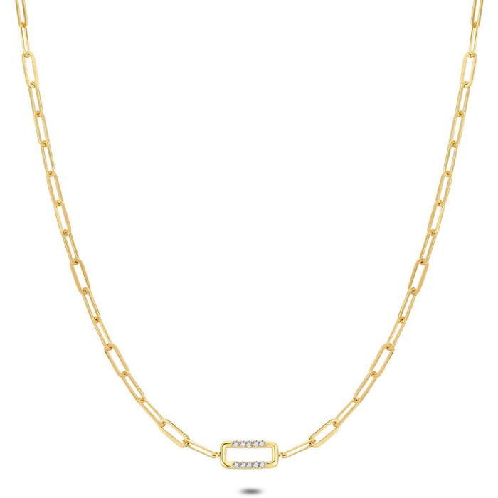 Gold Coloured Stainless Steel Necklace, Open Rectangle, Crystals