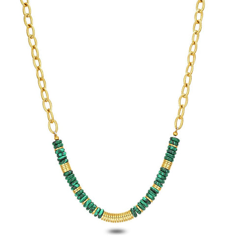 Gold Coloured Stainless Steel Necklace, Green Stones