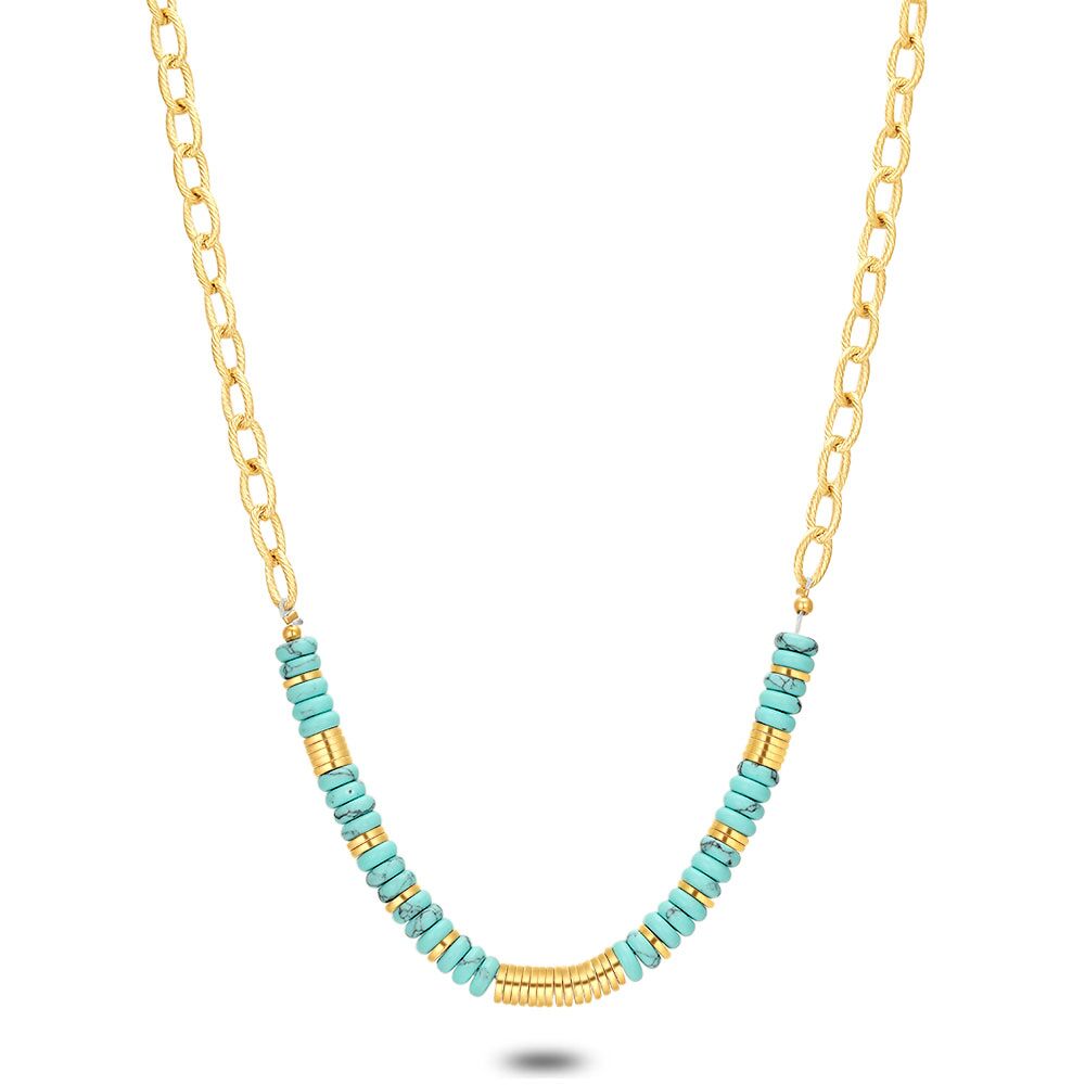 Gold Coloured Stainless Steel Necklace, Turquoise Stones