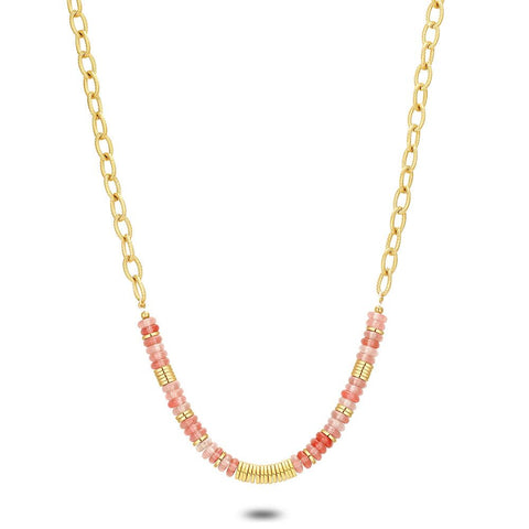 Gold Coloured Stainless Steel Necklace, Pink Stones
