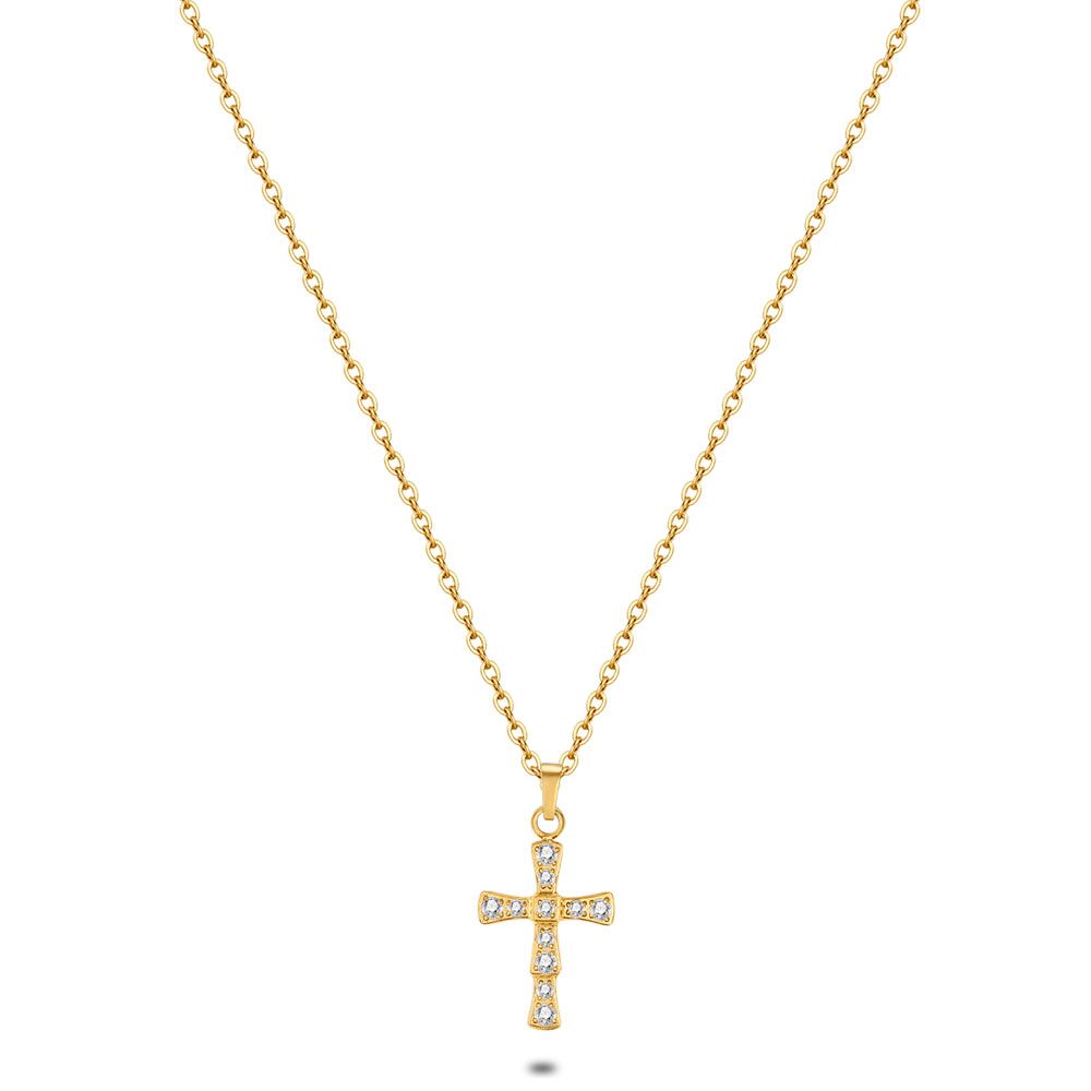 Gold Coloured Stainless Steel Necklace, Cross With Crystals