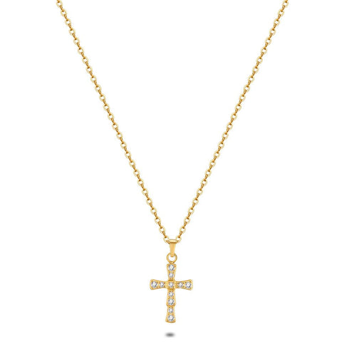 Gold Coloured Stainless Steel Necklace, Cross With Crystals