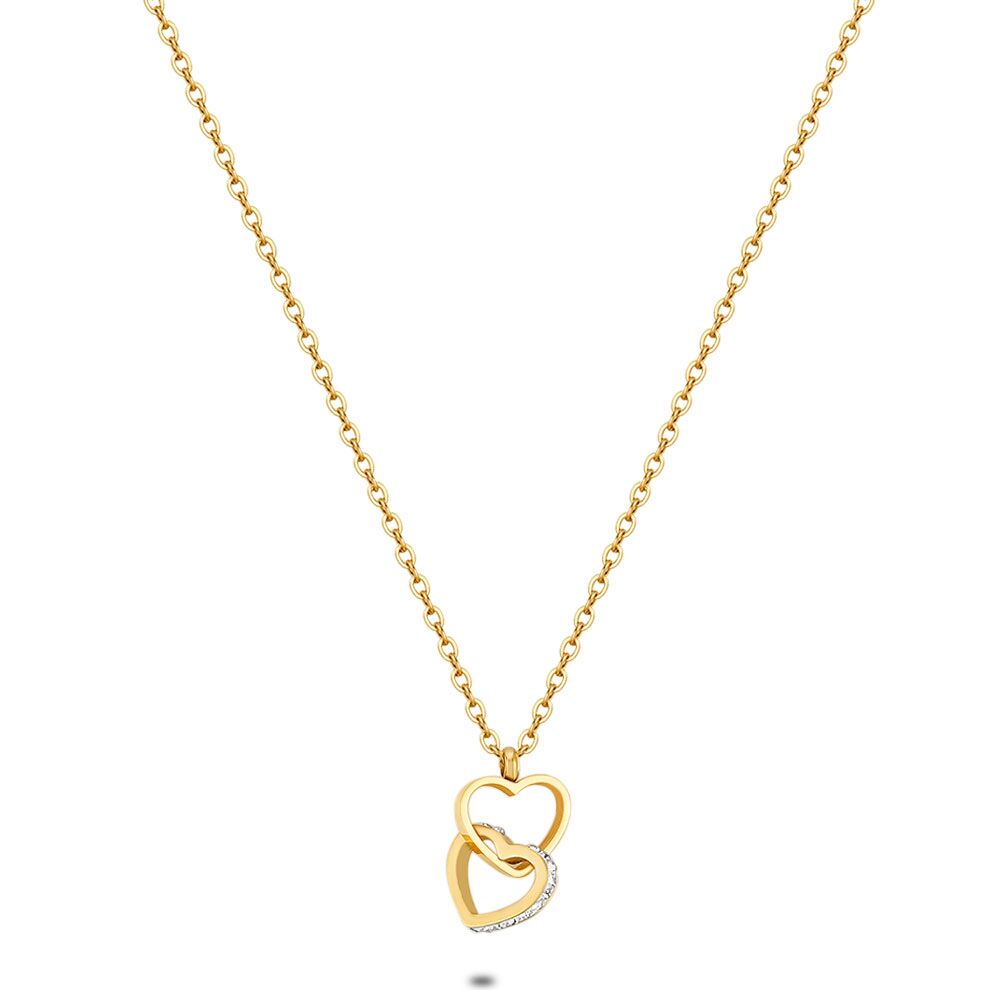 Gold Coloured Stainless Steel Necklace, 2 Open Hearts, White Crystals
