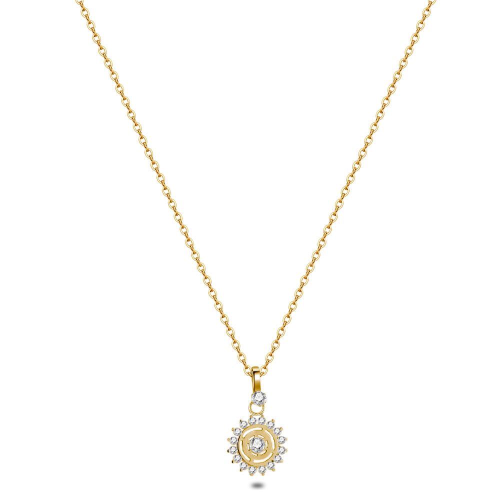 Gold Coloured Stainless Steel Necklace, Sun, White Crystals