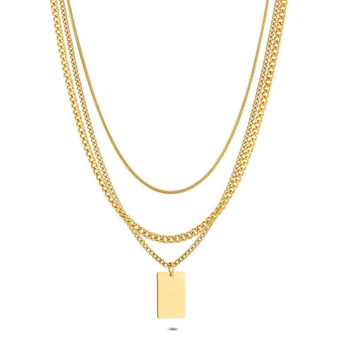 Gold Coloured Stainless Steel Necklace, 3 Chains, Rectangle