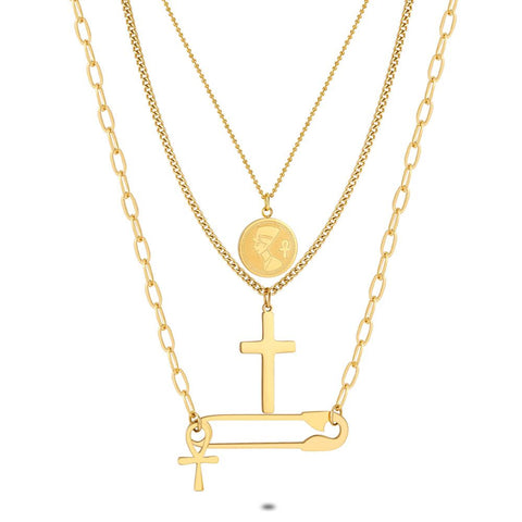 Gold Coloured Stainless Steel Necklace, 3 Chains, Coin, Cross, Safety Pin