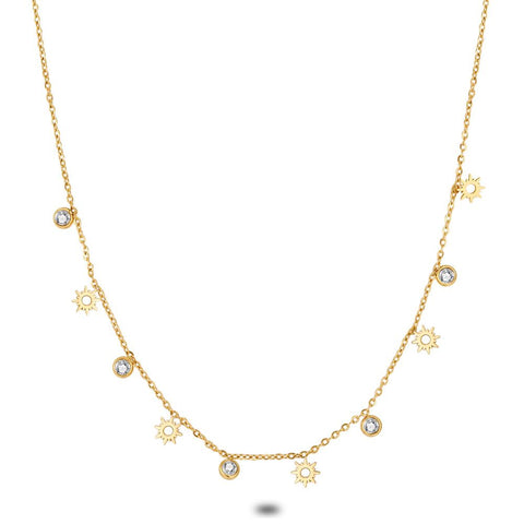 Gold Coloured Stainless Steel Necklace, Zirconia And Sun