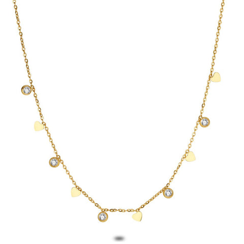 Gold Coloured Stainless Steel Necklace, Zirconia And Hearts