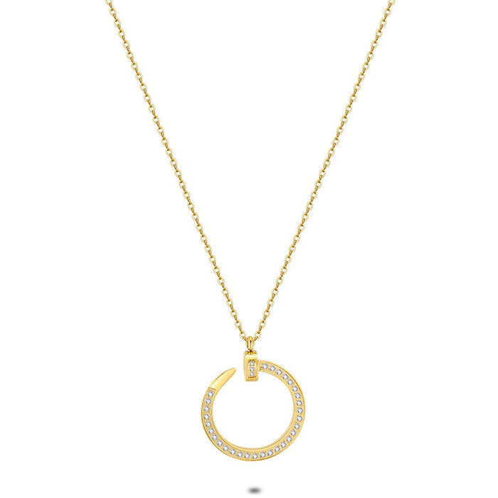 Gold Coloured Stainless Steel Necklace, Open Circle With Crystals